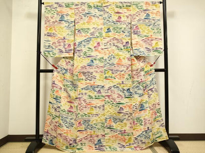 平和屋着物▽上質な小紋　単衣　型染　風景笹文　正絹　逸品　DABJ3873du
