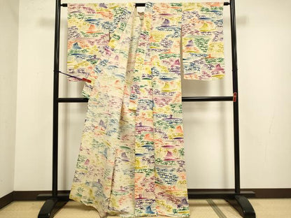 平和屋着物▽上質な小紋　単衣　型染　風景笹文　正絹　逸品　DABJ3873du