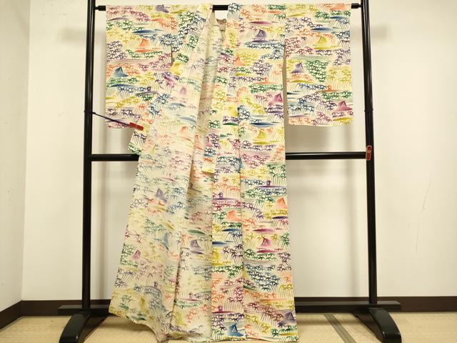 平和屋着物▽上質な小紋　単衣　型染　風景笹文　正絹　逸品　DABJ3873du