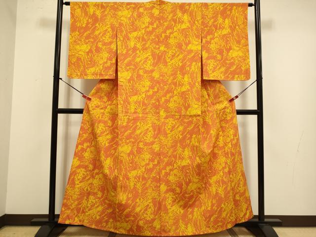 平和屋着物▽上質な小紋　単衣　紬地　風景文　正絹　逸品　未使用　DABJ3875du