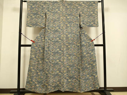 平和屋着物▽上質な小紋　単衣　型染　雲取花文　鬼しぼ縮緬　正絹　逸品　DABJ3877du
