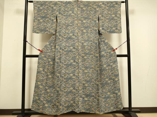 平和屋着物▽上質な小紋　単衣　型染　雲取花文　鬼しぼ縮緬　正絹　逸品　DABJ3877du
