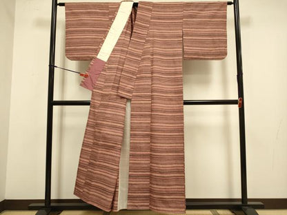 平和屋着物▽上質な紬　単衣　横段文　正絹　逸品　DABJ3878du
