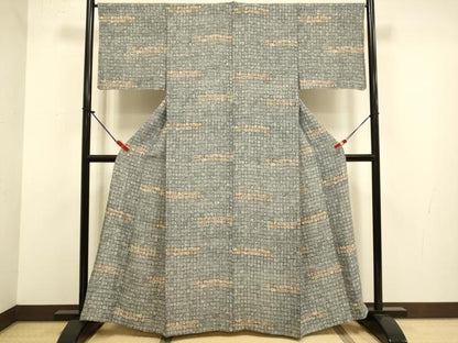 平和屋着物▽上質な紬　単衣　幾何学文様　正絹　逸品　DABJ3879du