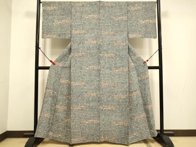 平和屋着物▽上質な紬　単衣　幾何学文様　正絹　逸品　DABJ3879du
