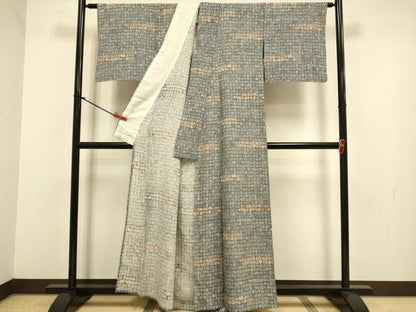 平和屋着物▽上質な紬　単衣　幾何学文様　正絹　逸品　DABJ3879du