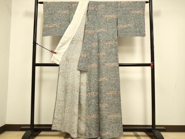 平和屋着物▽上質な紬　単衣　幾何学文様　正絹　逸品　DABJ3879du