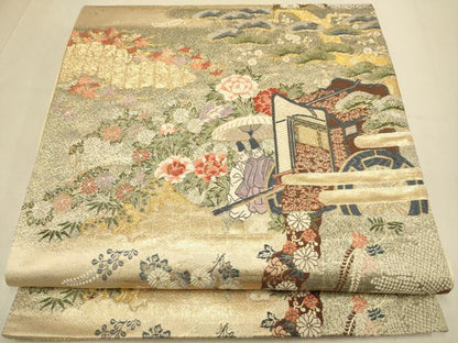 平和屋本店▼六通柄袋帯　菊献上王朝文　本金箔九百錦　正絹　逸品　DABJ3881du