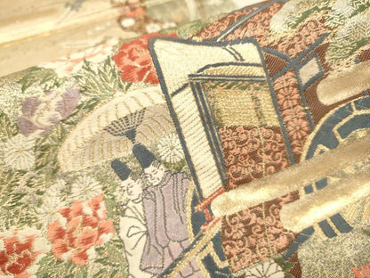 平和屋本店▼六通柄袋帯　菊献上王朝文　本金箔九百錦　正絹　逸品　DABJ3881du