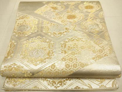 平和屋本店▼六通柄袋帯　亀甲桐文　本金箔　象眼二重織　彫金　正絹　逸品　DABJ3882du
