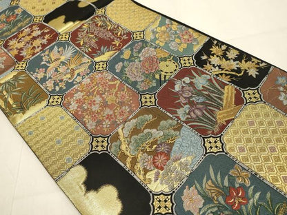 平和屋本店▼六通柄袋帯　鳳凰吉祥花文　本金箔　黒地　正絹　逸品　DABJ3883du