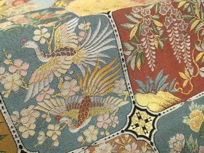 平和屋本店▼六通柄袋帯　鳳凰吉祥花文　本金箔　黒地　正絹　逸品　DABJ3883du