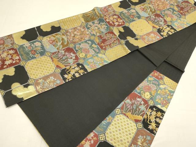 平和屋本店▼六通柄袋帯　鳳凰吉祥花文　本金箔　黒地　正絹　逸品　DABJ3883du