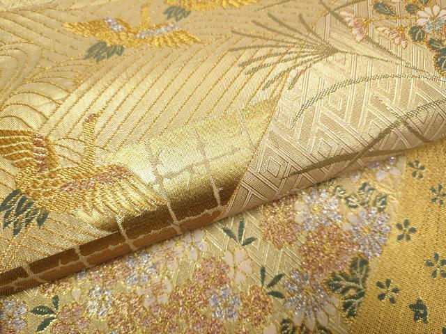 平和屋本店▼佐賀錦　六通柄袋帯　束ね熨斗飛鶴花文　本金箔二重織　正絹　逸品　DABJ3887du
