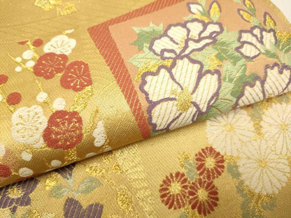 平和屋本店▼六通柄袋帯　色紙重ね飛鶴花文　本金　九百錦　正絹　逸品　DABJ3890du