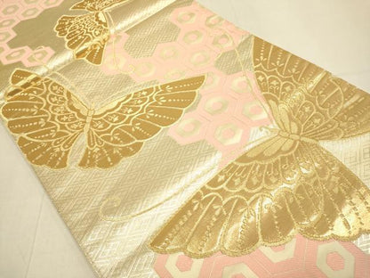 平和屋本店▼西陣　六通柄袋帯　胡蝶文　本金箔24K　証紙付き　正絹　逸品　未使用　DABJ3897du