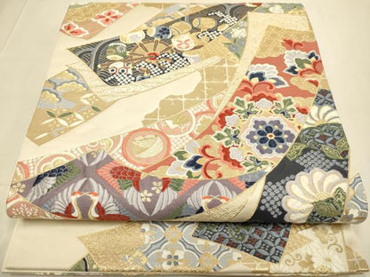平和屋本店▼六通柄袋帯　唐織　熨斗吉祥花っ文　九百錦純金箔24K　正絹　逸品　DABJ3899du
