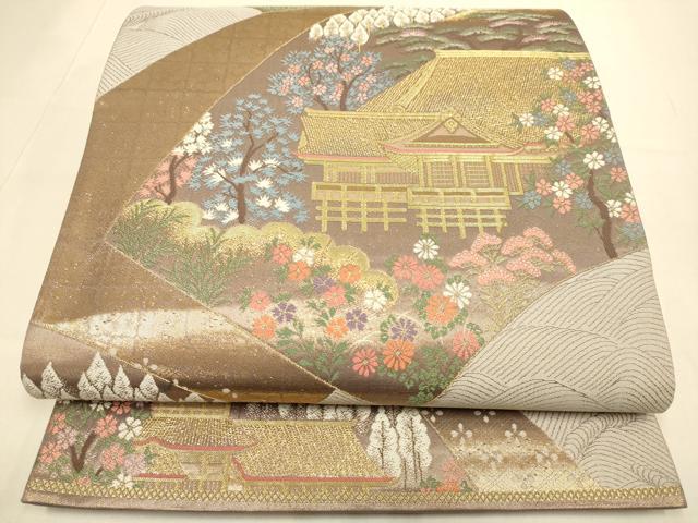 平和屋本店▼六通柄袋帯　風景文　ふたみ　本金箔　正絹　逸品　DABJ3901du