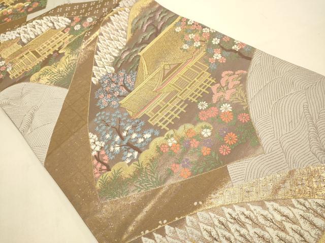 平和屋本店▼六通柄袋帯　風景文　ふたみ　本金箔　正絹　逸品　DABJ3901du