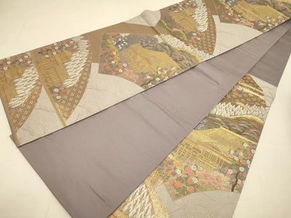 平和屋本店▼六通柄袋帯　風景文　ふたみ　本金箔　正絹　逸品　DABJ3901du