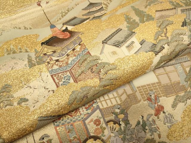 平和屋本店▼全通全景柄袋帯　洛中洛景　本金箔　正絹　逸品　DABJ3902du