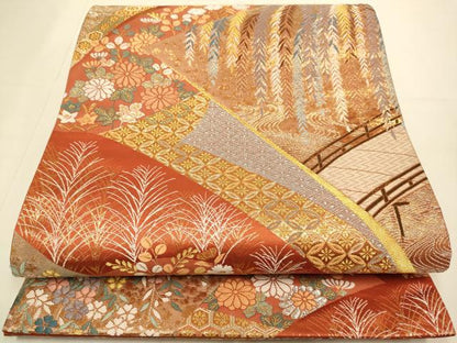 平和屋本店▼六通柄袋帯　遠山重ね柳楼文　純金箔　正絹　逸品　未使用　DABJ3904du