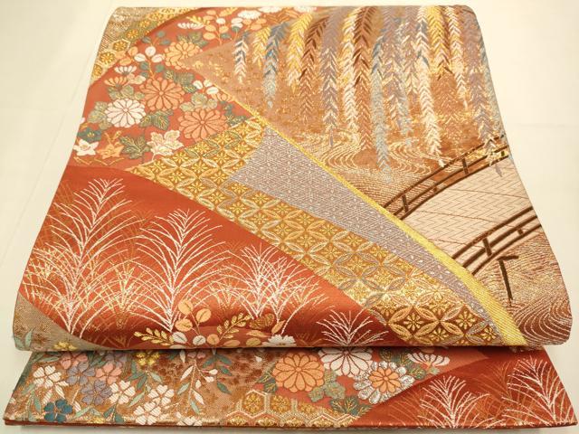 平和屋本店▼六通柄袋帯　遠山重ね柳楼文　純金箔　正絹　逸品　未使用　DABJ3904du