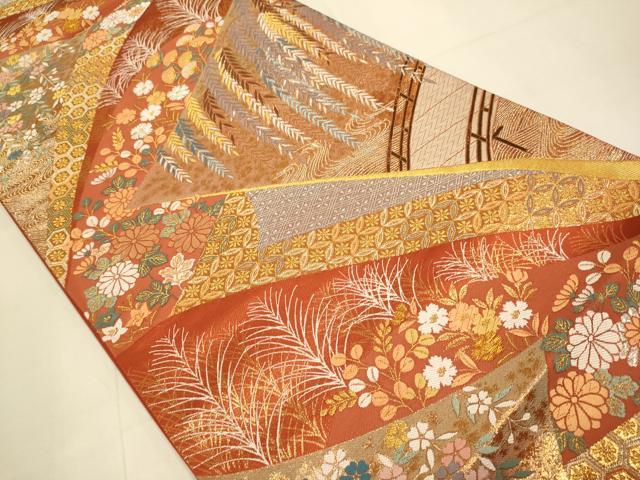 平和屋本店▼六通柄袋帯　遠山重ね柳楼文　純金箔　正絹　逸品　未使用　DABJ3904du