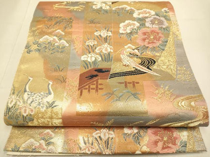 平和屋本店▼六通柄袋帯　唐織　花鳥文　本金箔24K　正絹　逸品　DABJ3908du