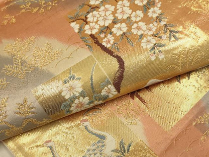 平和屋本店▼六通柄袋帯　唐織　花鳥文　本金箔24K　正絹　逸品　DABJ3908du
