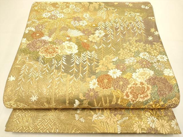 平和屋本店▼六通柄袋帯　花鳥文　本金プラチナ箔　正絹　逸品　DABJ3911du