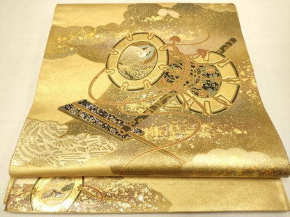 平和屋本店●太鼓柄袋帯　螺鈿　鼓飛鶴花文　金泥箔　本金箔　正絹　逸品　DABJ3916du