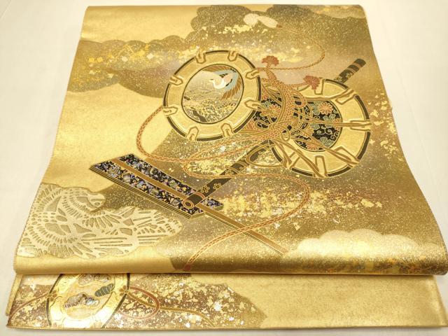 平和屋本店●太鼓柄袋帯　螺鈿　鼓飛鶴花文　金泥箔　本金箔　正絹　逸品　DABJ3916du