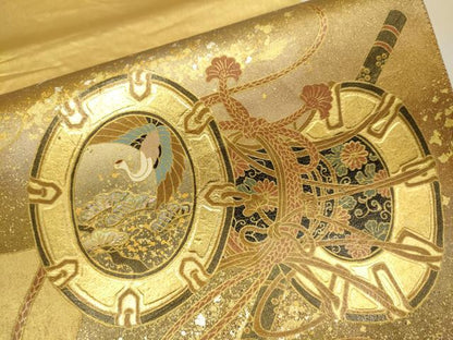 平和屋本店●太鼓柄袋帯　螺鈿　鼓飛鶴花文　金泥箔　本金箔　正絹　逸品　DABJ3916du