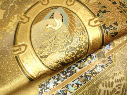 平和屋本店●太鼓柄袋帯　螺鈿　鼓飛鶴花文　金泥箔　本金箔　正絹　逸品　DABJ3916du