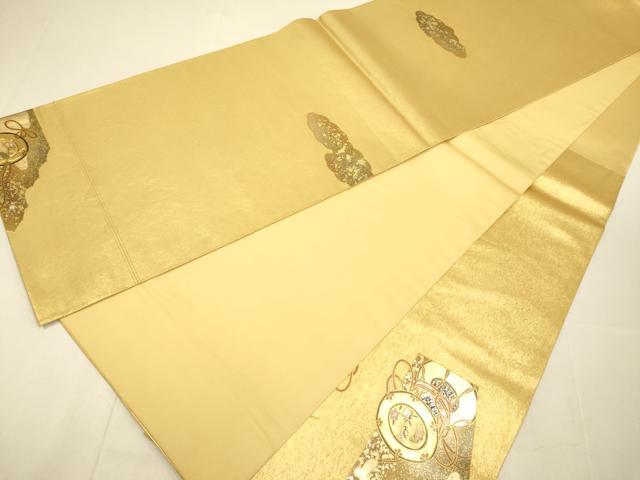平和屋本店●太鼓柄袋帯　螺鈿　鼓飛鶴花文　金泥箔　本金箔　正絹　逸品　DABJ3916du