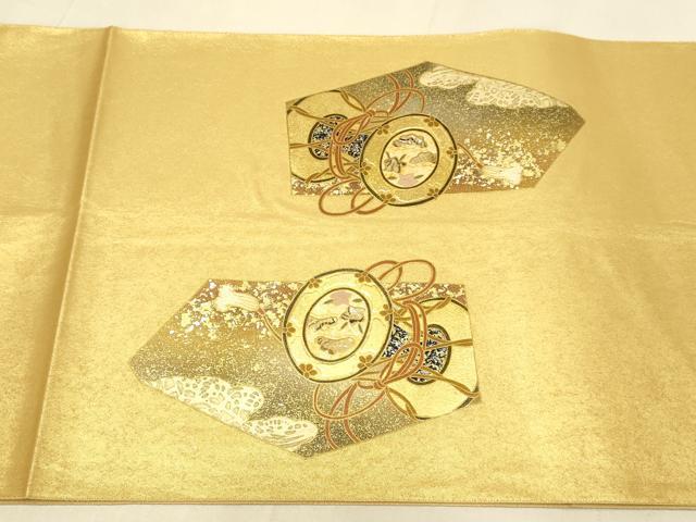 平和屋本店●太鼓柄袋帯　螺鈿　鼓飛鶴花文　金泥箔　本金箔　正絹　逸品　DABJ3916du