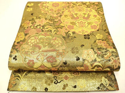 平和屋本店▼六通柄袋帯　花鳥文　王宮彫金　泥瀞金箔　反端付き　正絹　逸品　未使用　DABJ3924du
