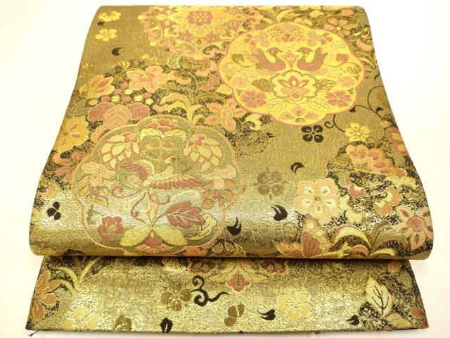 平和屋本店▼六通柄袋帯　花鳥文　王宮彫金　泥瀞金箔　反端付き　正絹　逸品　未使用　DABJ3924du