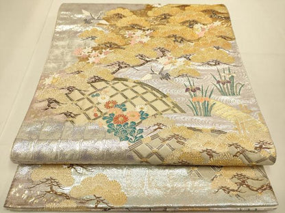 平和屋本店▼六通柄袋帯　佳鳳翔鶴文　九百本金二重織　正絹　逸品　DABJ3932du