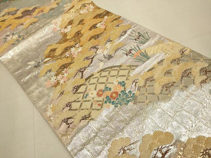 平和屋本店▼六通柄袋帯　佳鳳翔鶴文　九百本金二重織　正絹　逸品　DABJ3932du