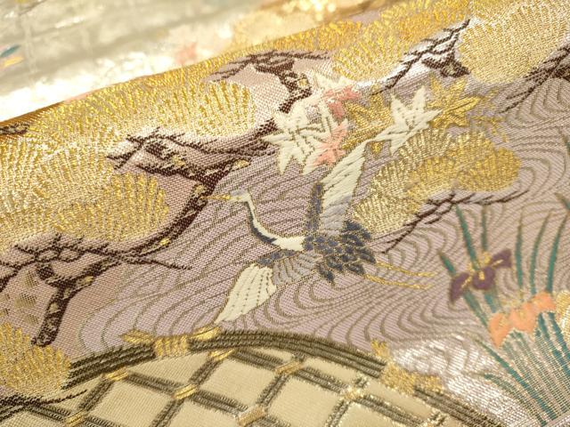 平和屋本店▼六通柄袋帯　佳鳳翔鶴文　九百本金二重織　正絹　逸品　DABJ3932du