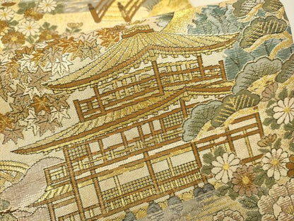 平和屋着物▼六通柄袋帯　金閣寺　平成錦　正絹　逸品　DABJ3938du