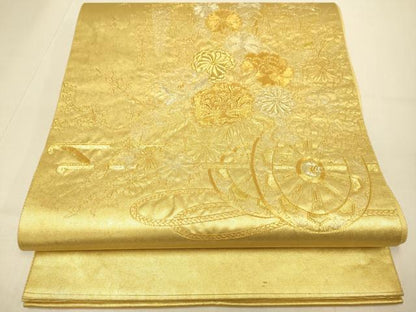平和屋本店●太鼓柄袋帯　駒刺繍　総刺繍　花車文　金泥箔　本金箔　正絹　逸品　DABJ3939du