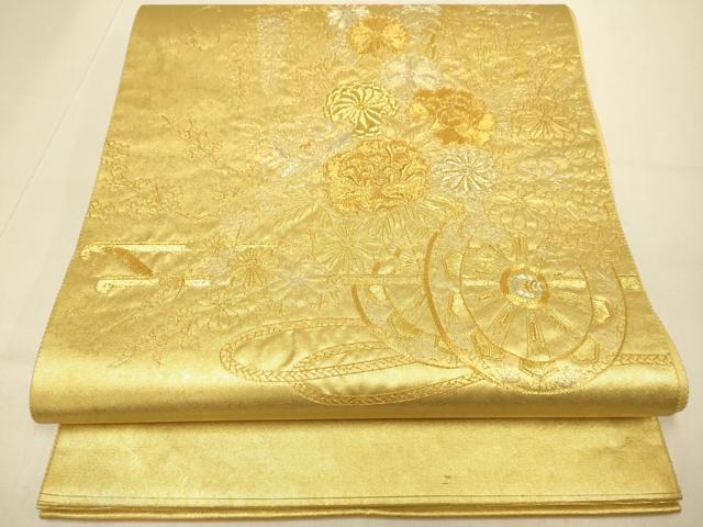 平和屋本店●太鼓柄袋帯　駒刺繍　総刺繍　花車文　金泥箔　本金箔　正絹　逸品　DABJ3939du