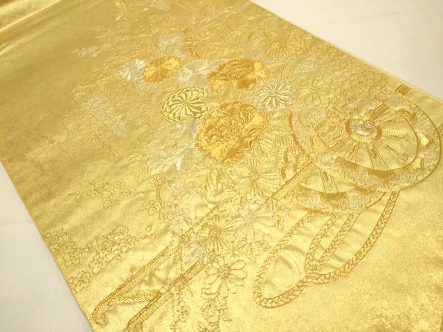 平和屋本店●太鼓柄袋帯　駒刺繍　総刺繍　花車文　金泥箔　本金箔　正絹　逸品　DABJ3939du