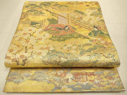 平和屋本店▼全通柄袋帯　平安人物風景文　本金弐重箔　正絹　逸品　DABJ3940du