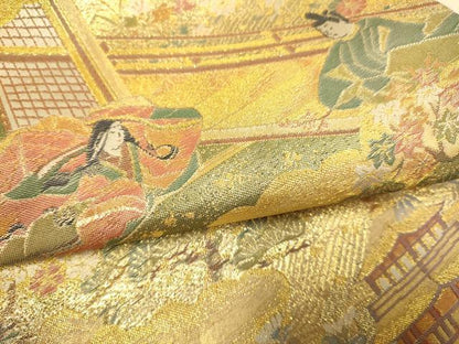 平和屋本店▼全通柄袋帯　平安人物風景文　本金弐重箔　正絹　逸品　DABJ3940du