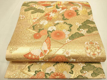 平和屋本店▼六通柄袋帯　鳳凰四季花文　本金箔　正絹　逸品　未使用　DABJ3943du