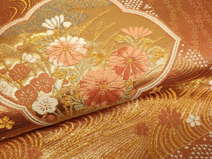 平和屋本店▼六通柄袋帯　唐織　草花文　本金二重箔　正絹　逸品　DABJ3946du